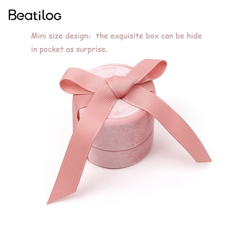 Beatilog Velvet Ring Box - Gorgeous Round Wedding Ring Box with Elegant Ribbon Bow Vintage Jewelry Holder Gift Organizer for Proposal, Engagement, Ceremony, Photography (Pink Small) - Image 5